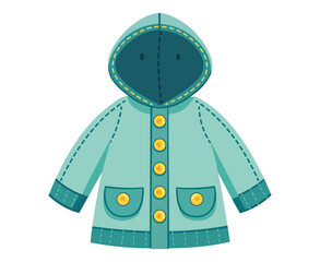 A teal colored hooded jacket with stitched details and button closures