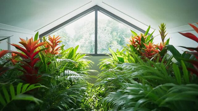 Tropical plants in greenhouse interior moving toward a bright corner window with lush green palm leaves and vibrant bromeliad flowers in natural light.