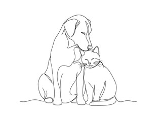 Obraz premium A black and white line drawing of a dog and cat sitting together in a friendly pose