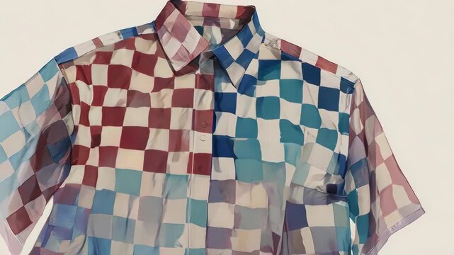 A sheer button-up shirt featuring a checkered pattern, various colors