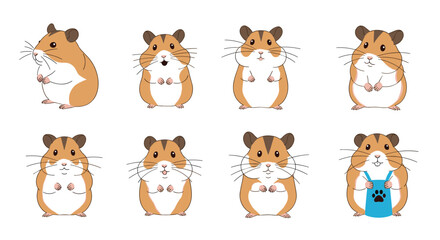 Fototapeta premium Adorable collection of cute cartoon hamster characters showing a variety of different emotions, poses, and expressions on white.