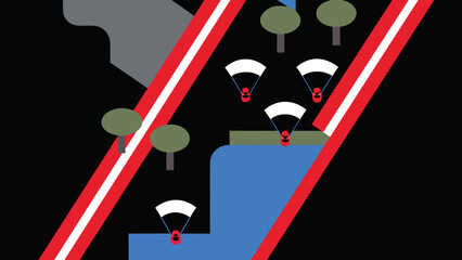 Illustration showing parachuters descending near trees and a blue river with red stripes on transparent background silhouette