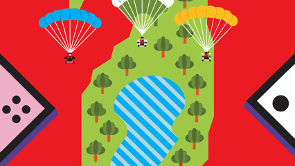 Aerial view of parachuters landing near a lake surrounded by trees and game dice on the sides on transparent background silhouette