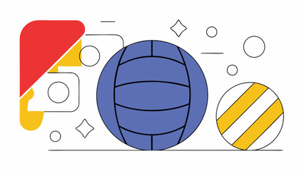 Illustration featuring a blue ball with geometric shapes and a striped yellow sphere near it on transparent background silhouette