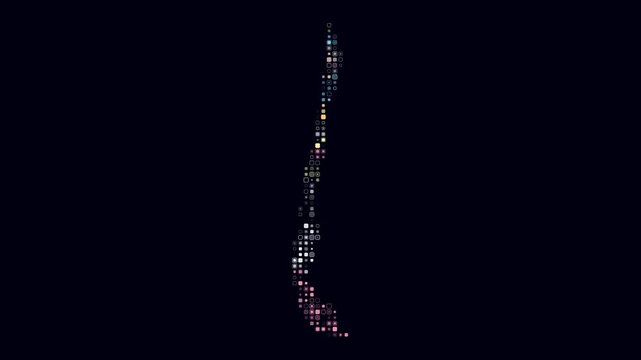Chile map animation. Shape of the country with pulsating colored dots. Small size rounded square blocks. Digital style Chile map on dark background. Modern video.