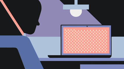 Person is working on a laptop under a lamp with a patterned screen in a dark room with a desk and chair on transparent background silhouette