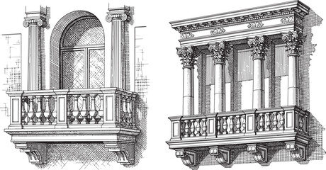 Naklejka premium Renaissance Style Balcony Architecture Etching Engraving Style Vector Icon Set Isolated Historic Classical Facade Illustration