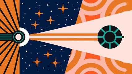 Abstract illustration of a beam of light connecting two circles against a divided background scene on transparent background silhouette