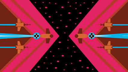 Spaceships firing lasers in a symmetrical pattern against a starry background in pink and black tones on transparent background silhouette