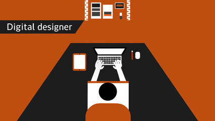 Illustration of a person working at a desk with a laptop tablet and other office supplies in orange room on transparent background silhouette