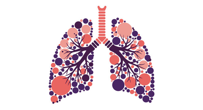 Stylized artistic representation of human lungs composed of various sized pink and purple circles, symbolizing respiratory health.
