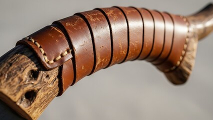 Close-Up of Handcrafted Leather-Wrapped Wooden Handle Detail Showcase