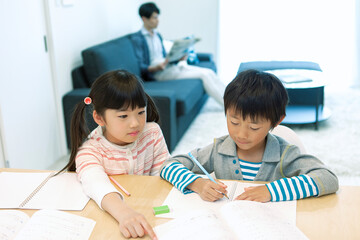自宅で勉強する姉弟