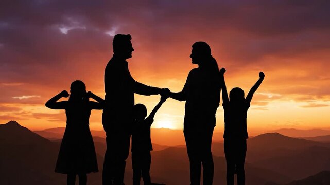 A family of five silhouetted against a colorful mountain sunset, holding hands