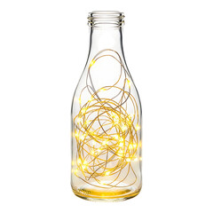 Glass bottle with warm fairy lights isolated on white background creating cozy decorative mood