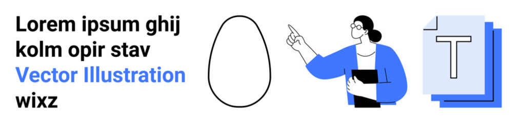 Education, creativity, presentations, graphic design, team collaboration, abstract ideas. A person pointing at an oval shape, accompanied by text and layered document icons. Education and creativity