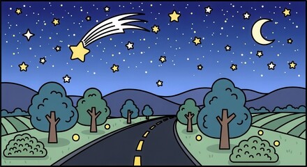 Naklejka premium Cartoon landscape features a dark road winding through rolling hills under a starlit night sky with a crescent moon and a bright shooting star.