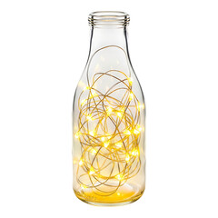 Clear glass bottle with fairy lights isolated on white background creating warm cozy mood
