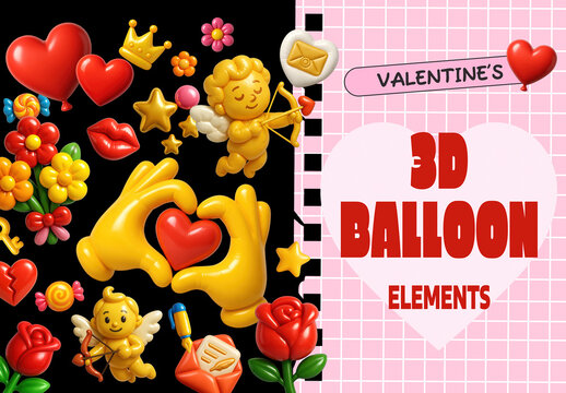 Colorful 3D Valentine's Elements Design Set