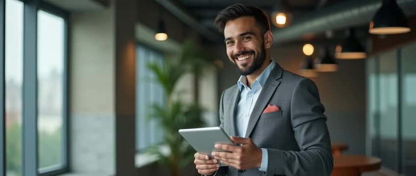 Confident businessman in a modern office, holding a tablet with a bright smile; camera slowly pans as ambient light flickers gently, creating a cinematic atmosphere of professional success.