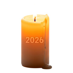 Burning candle with 2026 text isolated on white background representing new year hope
