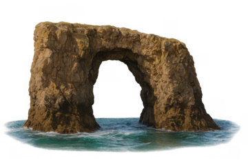 Natural rock arch formation standing in ocean water with waves breaking around its base, transparent background