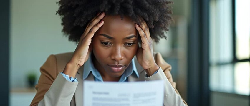 Focused woman reads document in modern office, subtle camera pan reveals gentle ambient motion and soft lighting, creating a realistic, contemplative atmosphere.