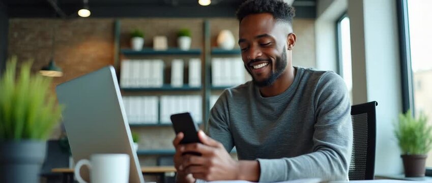 Focused professional man smiling while working on a smartphone in a modern office, with gentle ambient light flickering; the camera slowly pans to capture the contemporary workspace in a cinematic sty