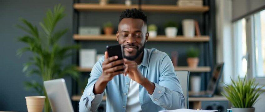 Smiling professional in a modern office checks smartphone, as soft daylight filters through the window, with a gentle camera pan and subtle ambient motion, creating a warm, documentary feel.