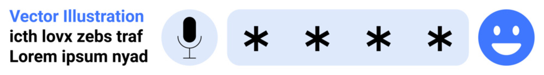 Fototapeta premium Cybersecurity, voice recognition, password security, online communication, user experience, identity verification. Microphone icon, password field and user rating emotion. Cybersecurity and voice