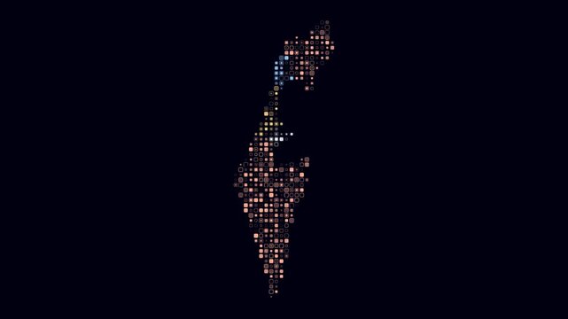 Israel map animation. Shape of the country with pulsating colored dots. Small size rounded square blocks. Digital style Israel map on dark background. Amazing video.