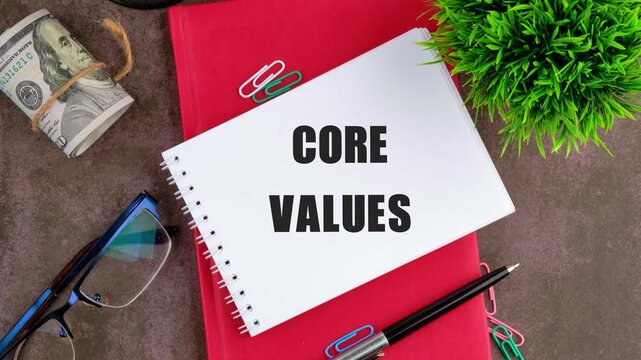 Business and our core values concept. Animation of the CORE VALUES text on the sheet, a close-up view from above
