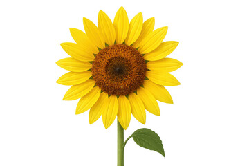 Fototapeta premium Sunflower bloom featuring bright yellow petals, a brown disc floret center, and green stem with a leaf. Transparent background