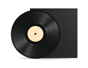Black vinyl record with beige center, beside its sleeve, on white background