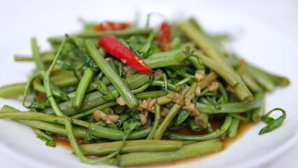 Table top view stir fried water mimosa in oyster sauce with chili and garlic isolated on white background. 
