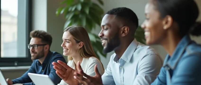 Diverse team collaborates energetically around a conference table; the camera smoothly pans, capturing smiles and animated gestures in a bright office setting with gentle ambient motion, cinematic sty