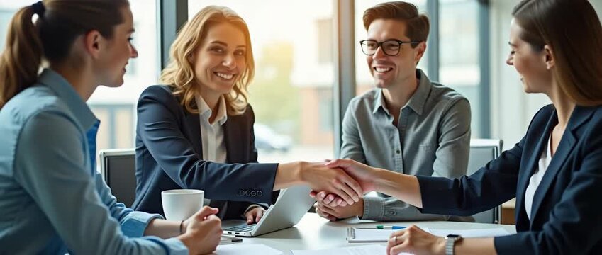 Business professionals in a modern office shake hands with confidence, as sunlight filters through large windows; camera gently pans to capture smiles, conveying success in a cinematic style.