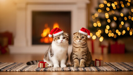 Festive Cat Portrait with Santa Hats and Warm Fireplace