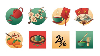 Chinese new year themed icons featuring tea, blossoms, oranges, and 2026, including teapot, cup, fan, and envelopes