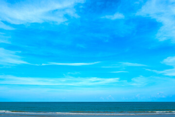Nature clear sky and summer sea water for summer vacation concept.with sunlight of beautiful clouds blue sky with white altocumulus clouds.with	