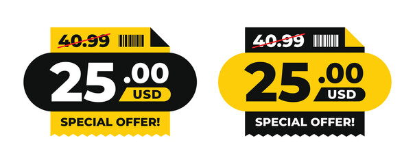 Price before and after modern sale banner with big discount price tag, crossed old price, and special offer text. For icon, logo, sign, symbol, tag, stamp, button. Vector illustration