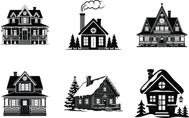 Christmas House Silhouette Vector Illustration. Cozy Winter Holiday Home Design, Christmas Village House, Holiday Cottage, Winter Night Christmas House Design.