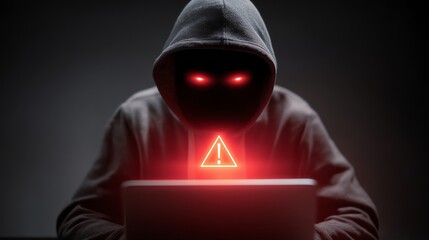 Mysterious hooded figure with glowing red eyes sits in front of a laptop, displaying a warning symbol. This image captures the essence of cybersecurity threats and digital danger.