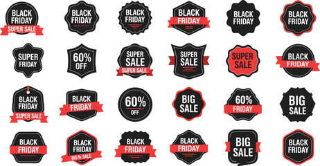 Black Friday promotional badge set, sale labels, discount tags, super deal graphics, retail marketing, shopping, flat vector illustration