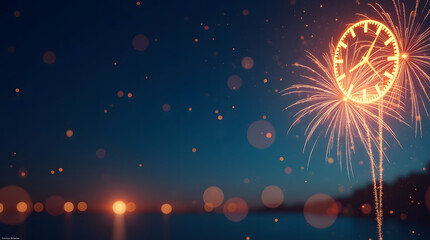 Abstract New Year Fireworks with Clock Shape Glow on Dark Bokeh Background
