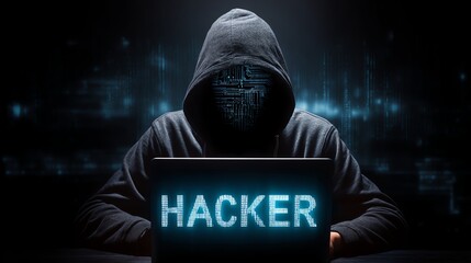 A mysterious hacker in a dark hoodie working on a laptop, highlighting the essence of cybersecurity and digital threats in the modern world.