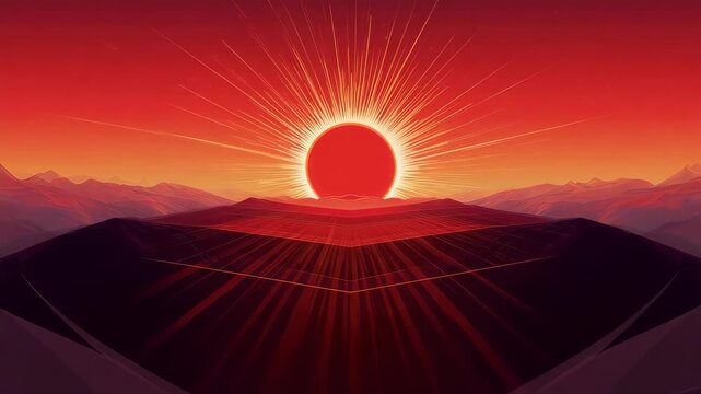 A vivid red sun bursts over a geometric landscape