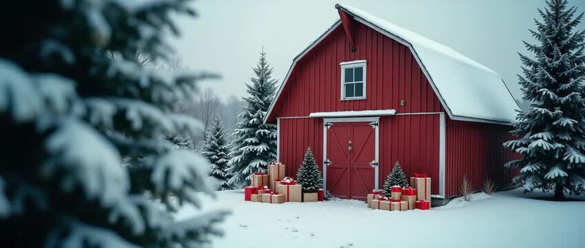 Festive red barn in snowy landscape, surrounded by pine trees, with gently falling snow and a slow camera pan, creating a serene holiday ambiance in cinematic style.