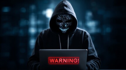 A mysterious figure in a dark hoodie uses a laptop, displaying a bold 'WARNING!' message. The digital mask emits a futuristic vibe, reflecting modern cyber threats and challenges.