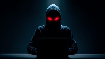 A mysterious figure in a dark hoodie with glowing red eyes sits intently at a laptop, embodying themes of cybersecurity, hacking, and the shadowy world of information technology.